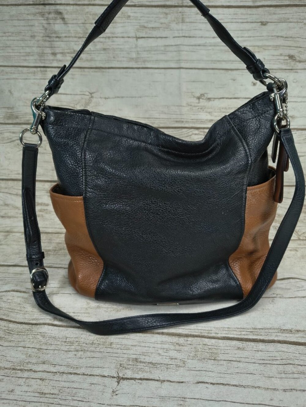 Coach Park Color Block Hobo In Black and Saddle Brown